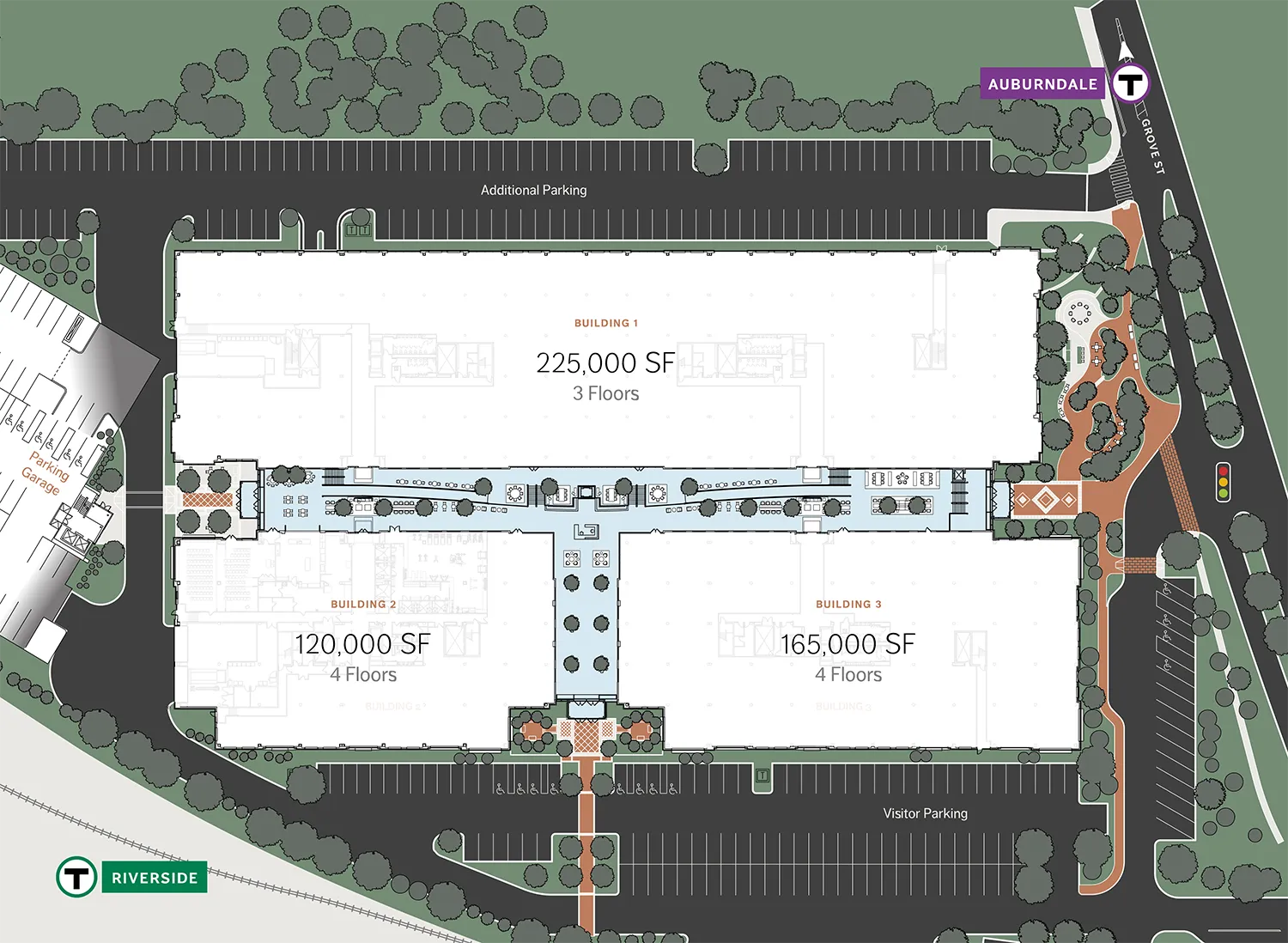 Colorful campus map of the square footage of the 275 Grove