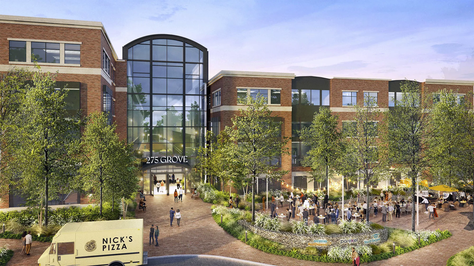 3d rendering of the ingress of the 275 Grove office building