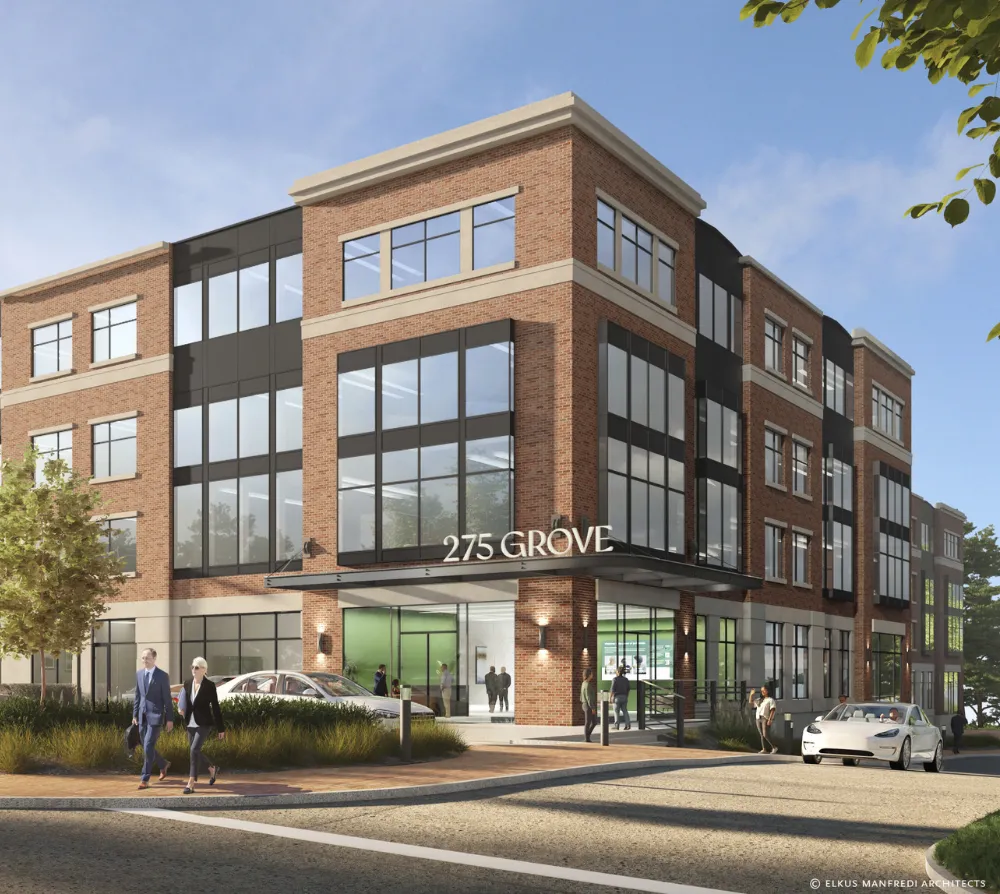 3d rendering of a modest yet sophisticated office campus exterior