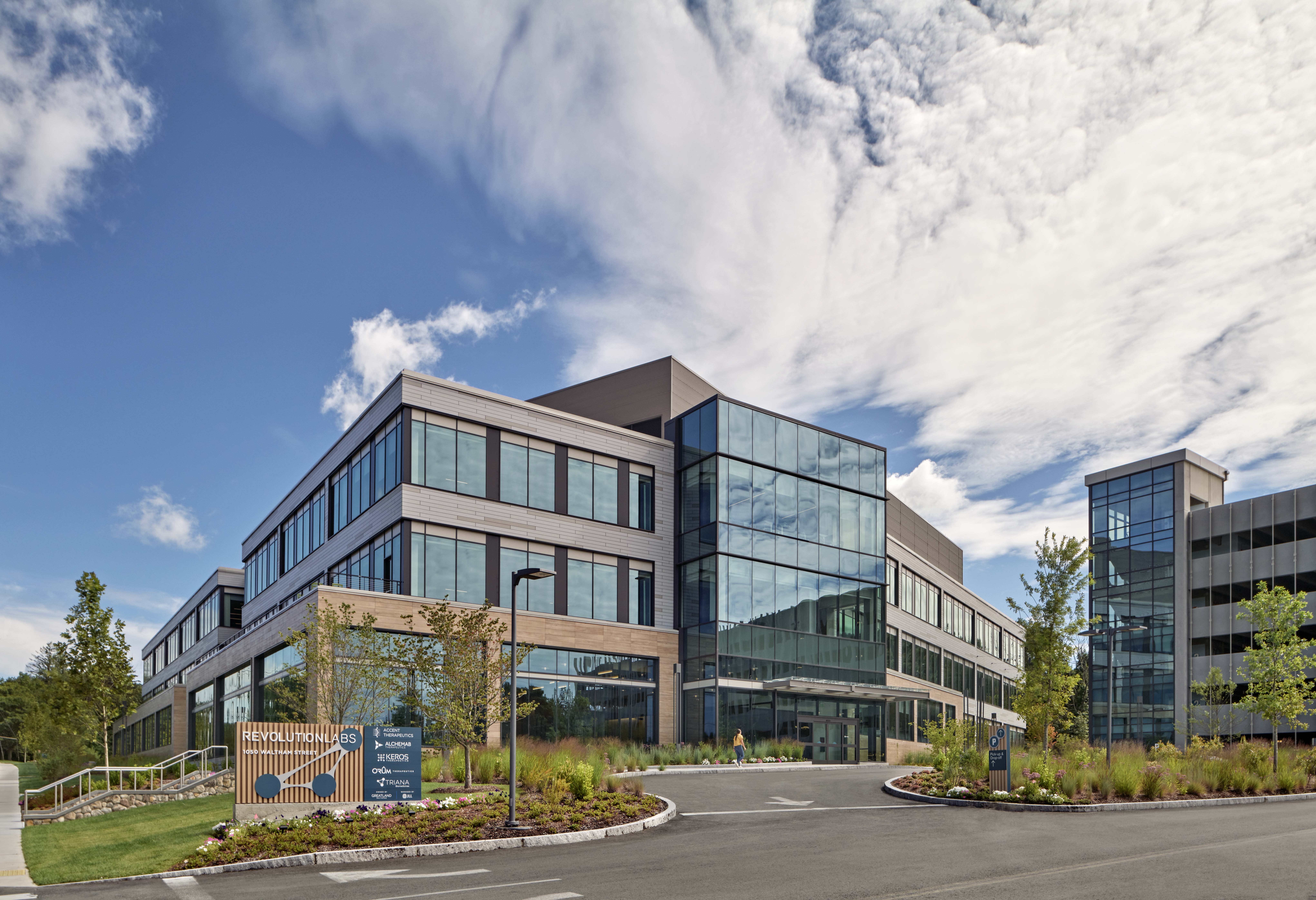 Sidewalk view of a trophy-class r&d campus in Lexington MA